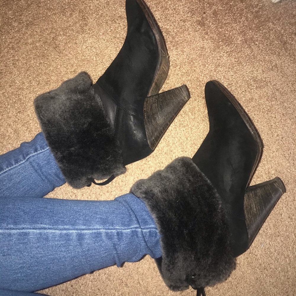 Real shearling and suede booties with wooden heel